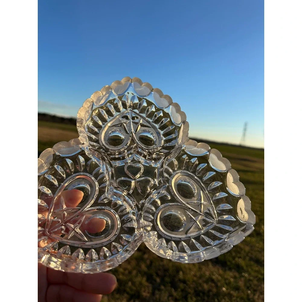 VTG Clear Glass‎ Heart Shaped Candy Dish Serving Tray 3 Compartment Trinket Bowl